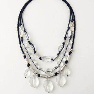 Chicos three strand choker necklace acrylic plastic bead blue cord silver thread